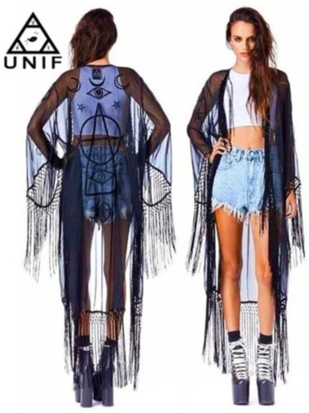 "🦋💋HOT ITEM! 💋🦋VTG 2013 UNIF Black "Wiccan" Embroidered Fringed Maxi Kimono